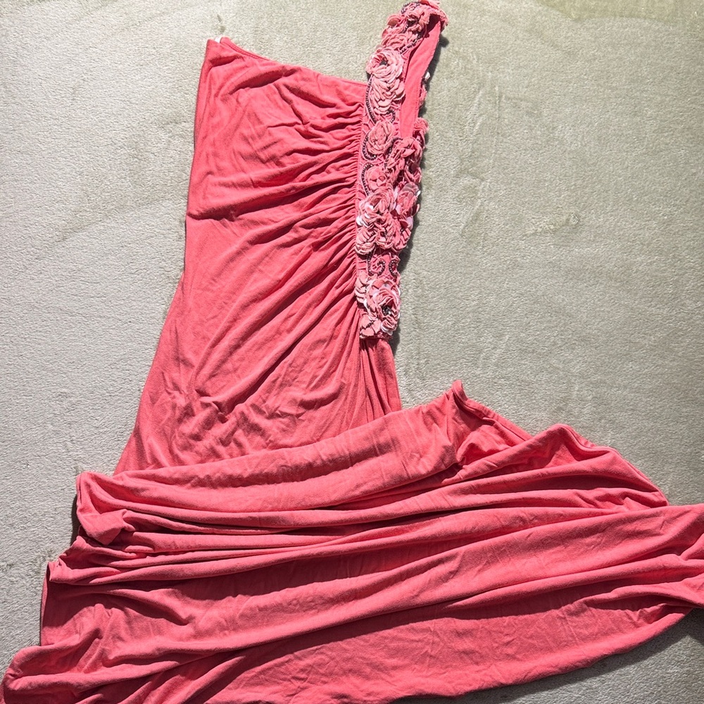 Sky One-Shoulder Pink Dress with Floral Detail